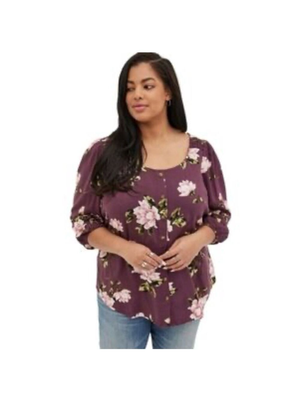 Torrid Women's Plus Size 0 (size 12) Purple Floral V-Neck Blouse 3/4 Sleeve